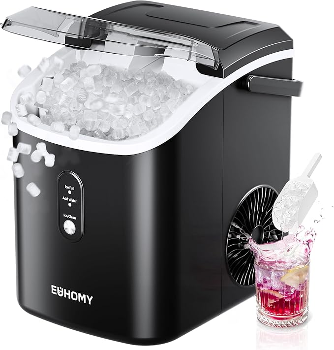 EUHOMY Nugget Ice Maker Countertop with Handle, Ready in 6 Mins, 34lbs Per Day, Removable Top Cover, Auto-Cleaning, Portable Sonic Ice Maker with Basket and Scoop