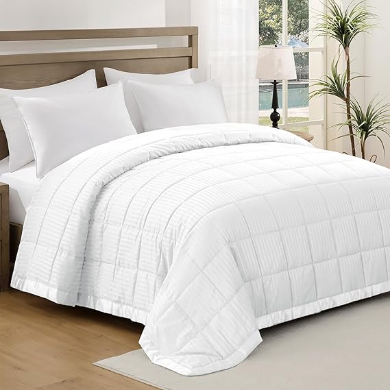 UNIKOME Blankets Queen Size - Soft Lightweight Down Alternative Blankets with Satin Trim, Cozy Luxury Bed Blanket for All Season, White